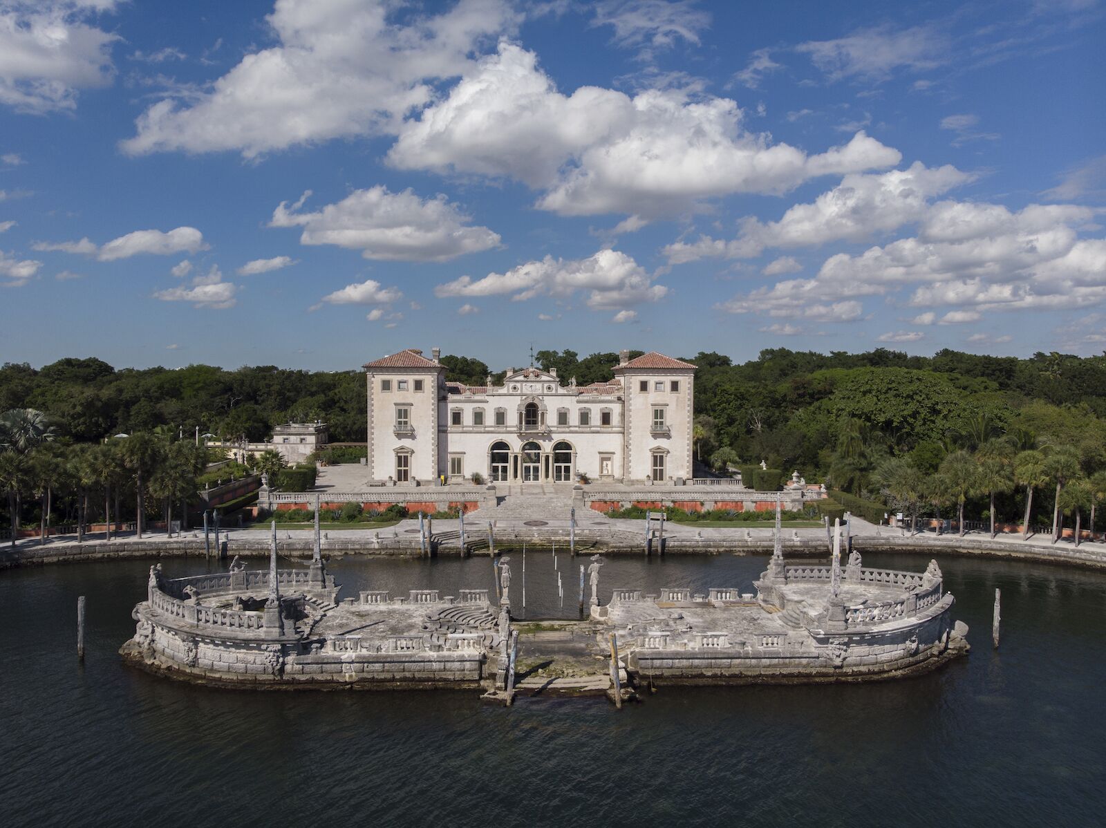The Miami Vizcaya Museum and Gardens and the famous barge as seen from above.