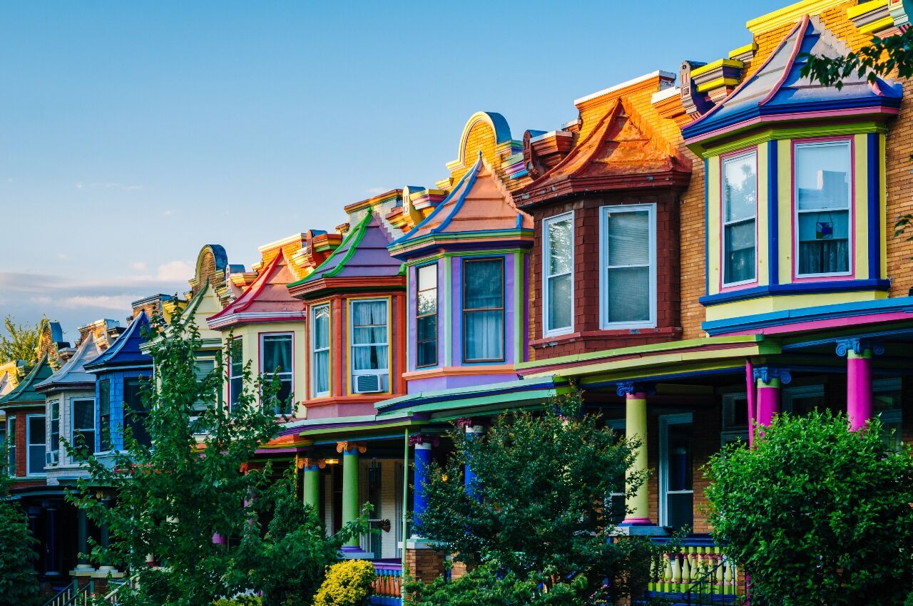 Colorful houses on a street in gay travel destination Baltimore Maryland 