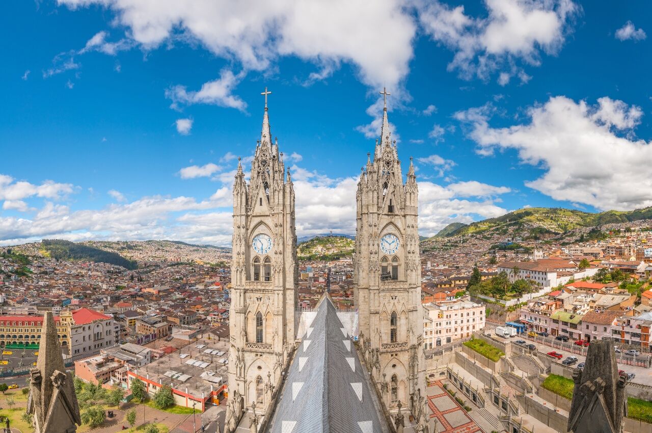 Cathedral in Quito Ecuador with Quito in the background 