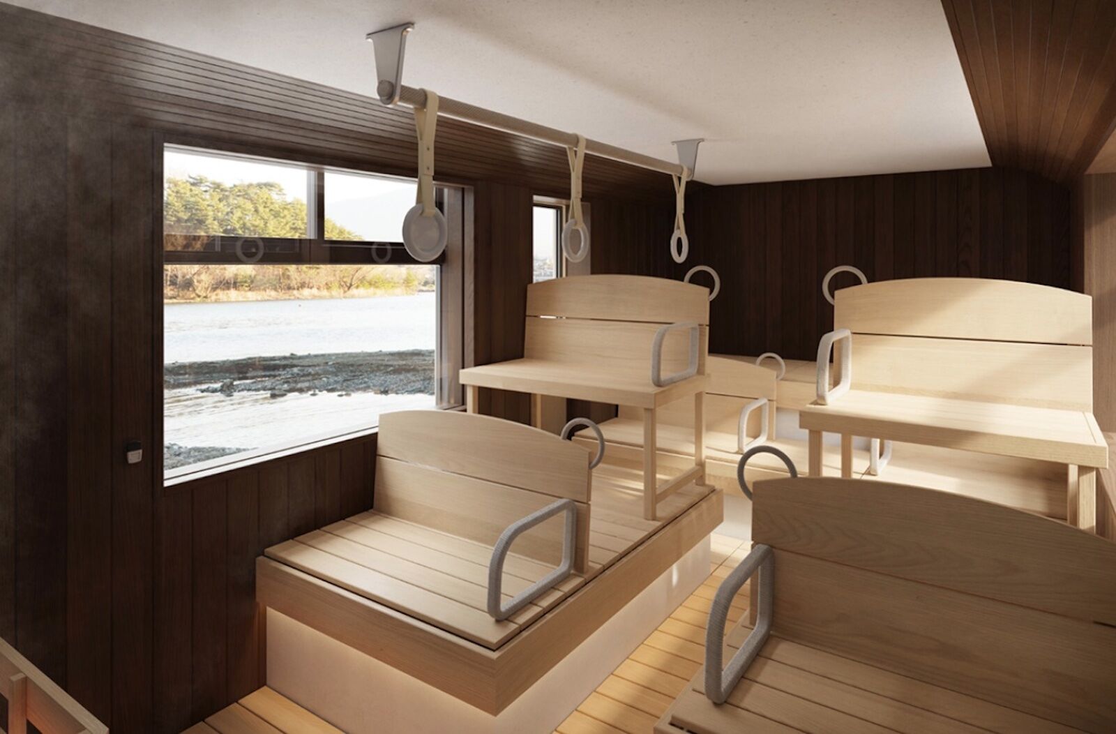 interior of sabus sauna bus in japan