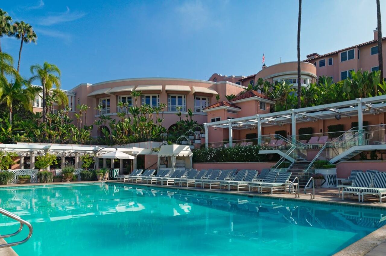 Pool and external shot of the Beverly Hills Hotel a luxury hotel in the US