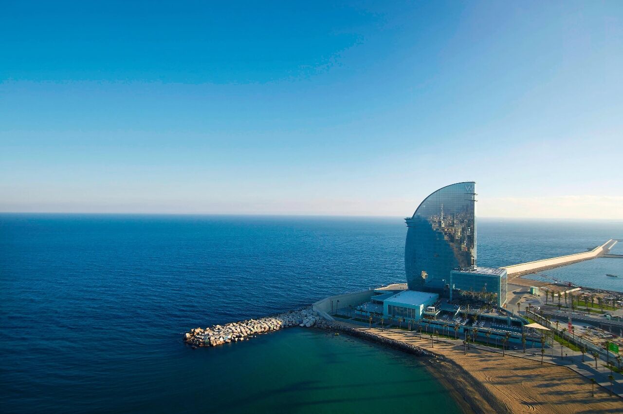 External aerial shot of W Barcelona, Spain one of the most luxurious hotels in the world