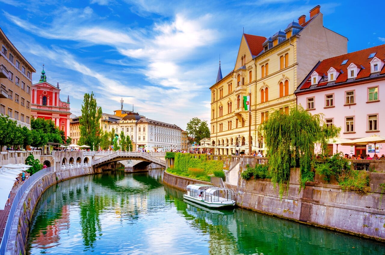 River and houses in Ljubljana, Slovenia