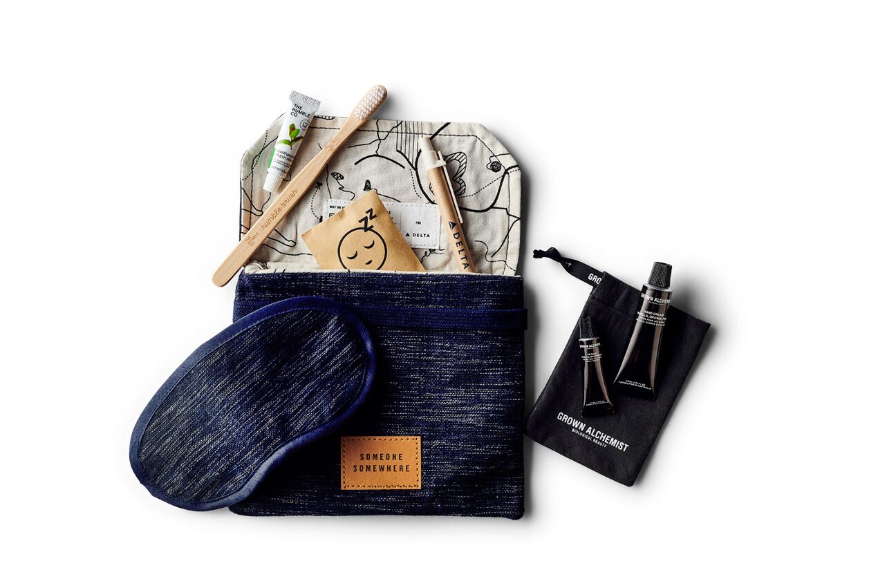 One the most eco-friendly luxe airline amenity kits is Delta's kit with a hand woven pouch and a bamboo toothbrush