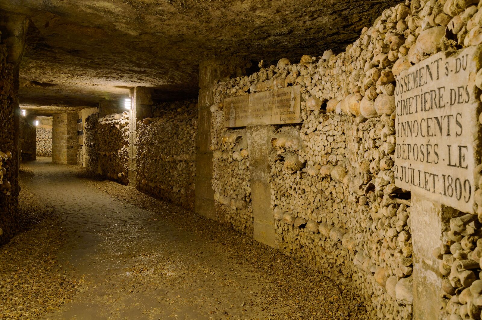 View inside the catacombs of Paris, France