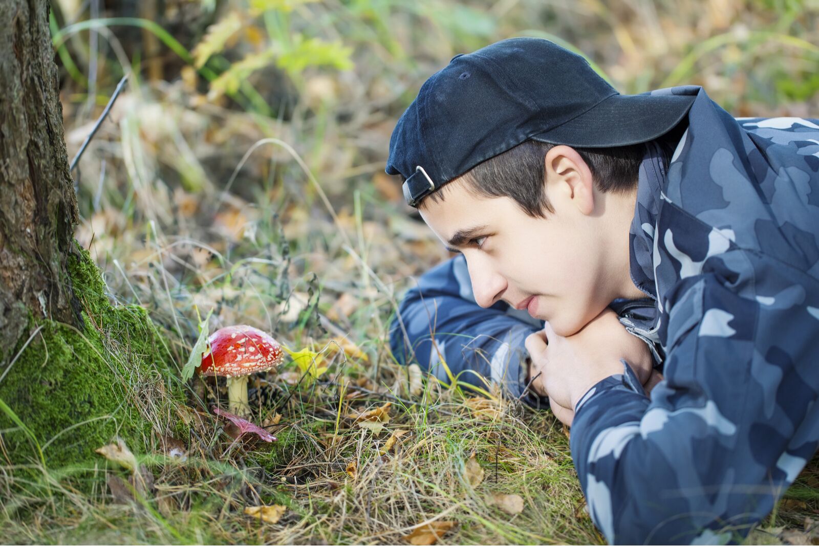 boy gazing at mushroom