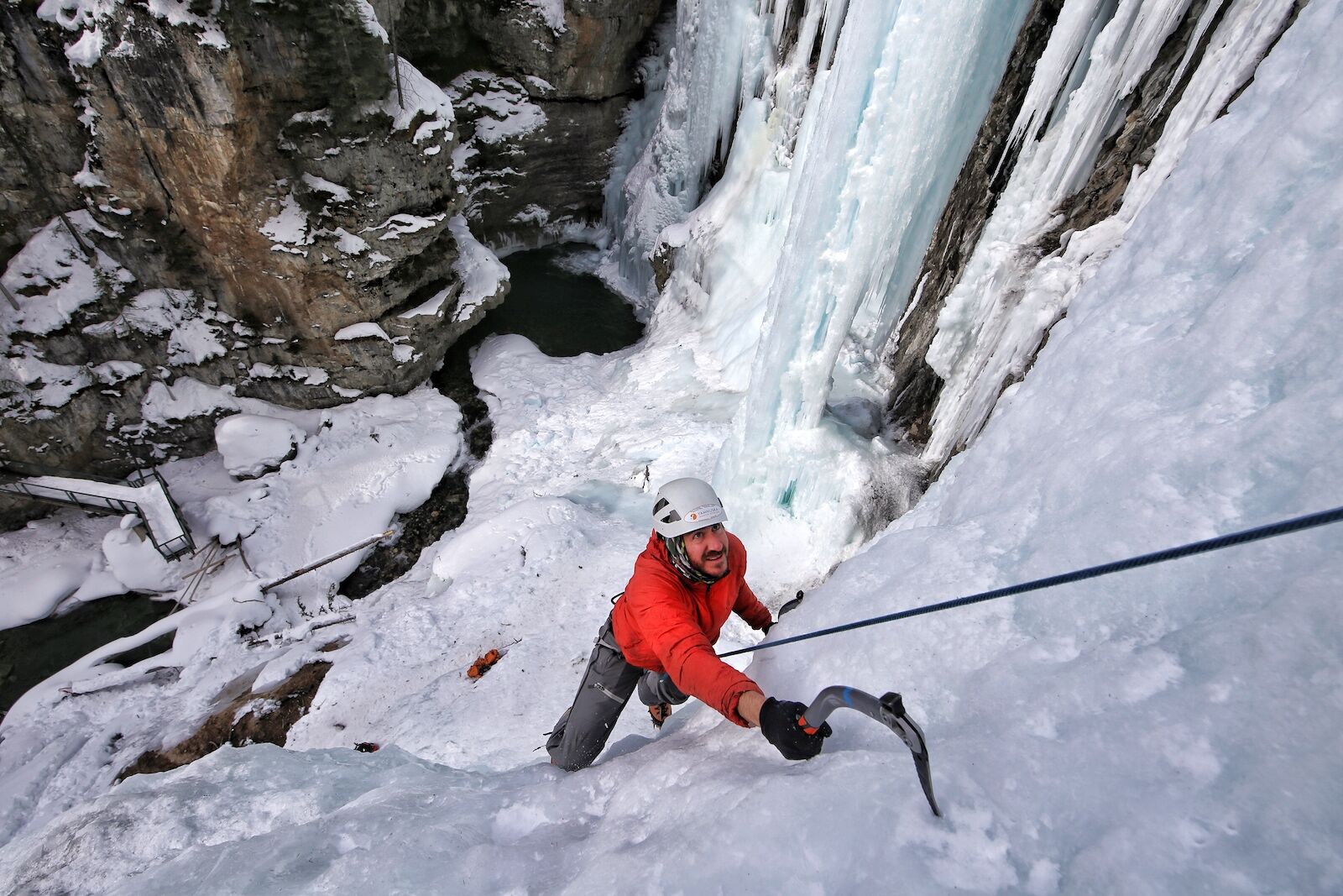 Ice climbing up a ravine