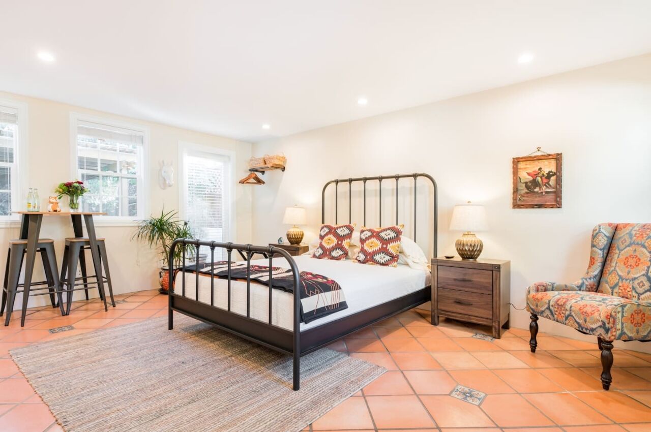bedroom area with lots of space in serene casita airbnb san diego