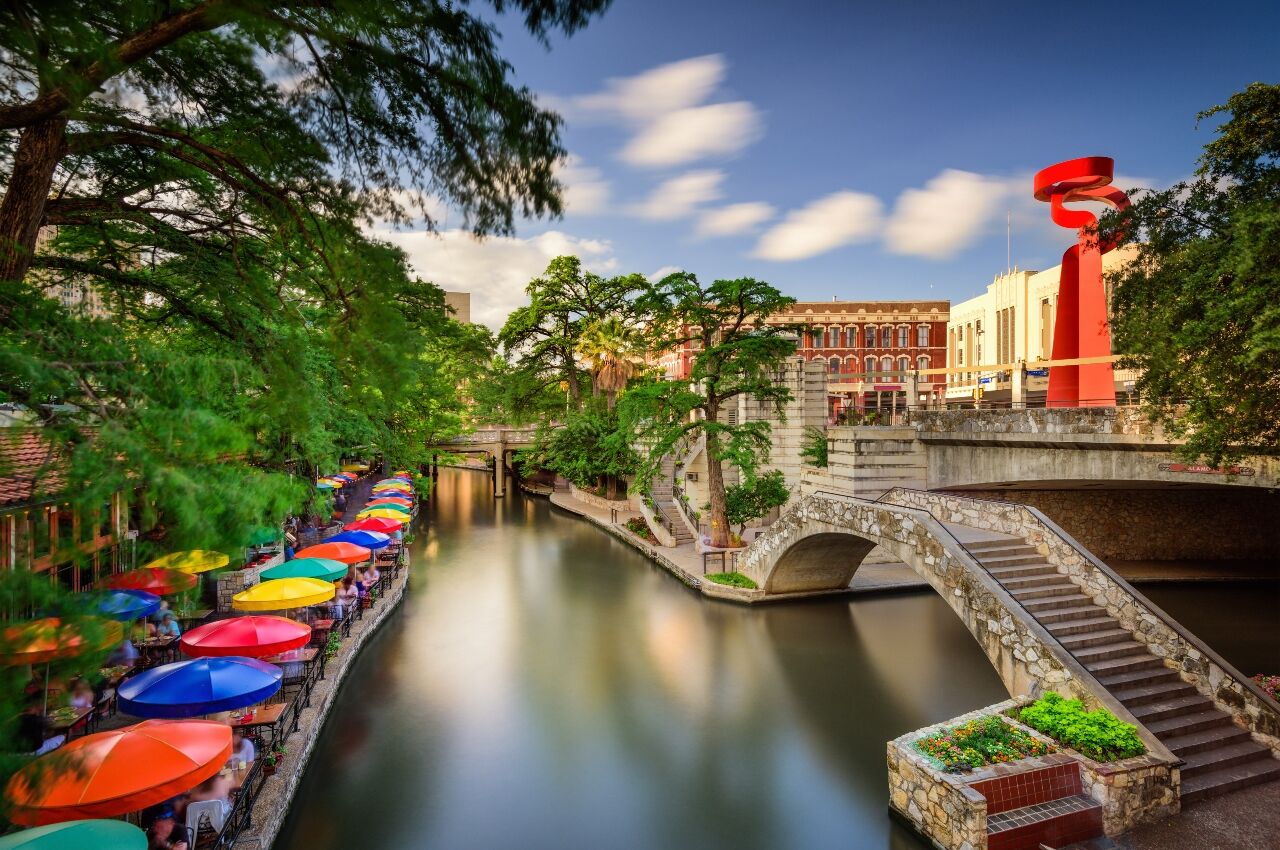 River side with colorful umbrellas in San Antonio, Texas