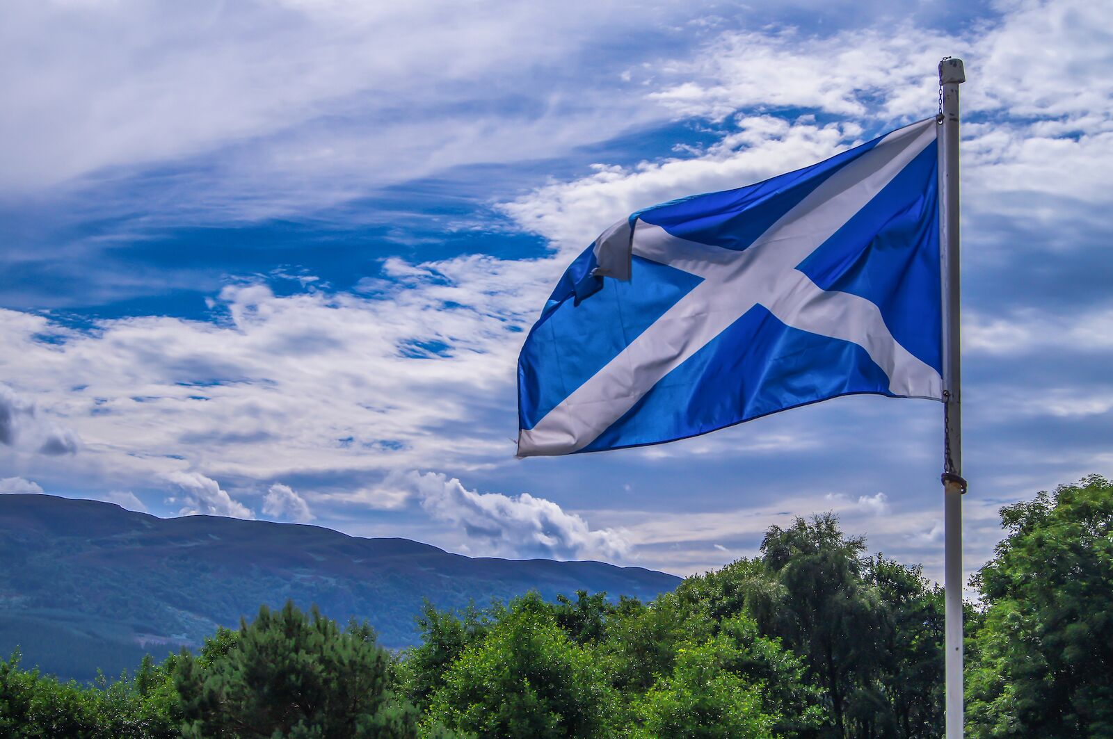 Celtic flags: Scotland. The Scottish flag is white and blue with a diagonal cross
