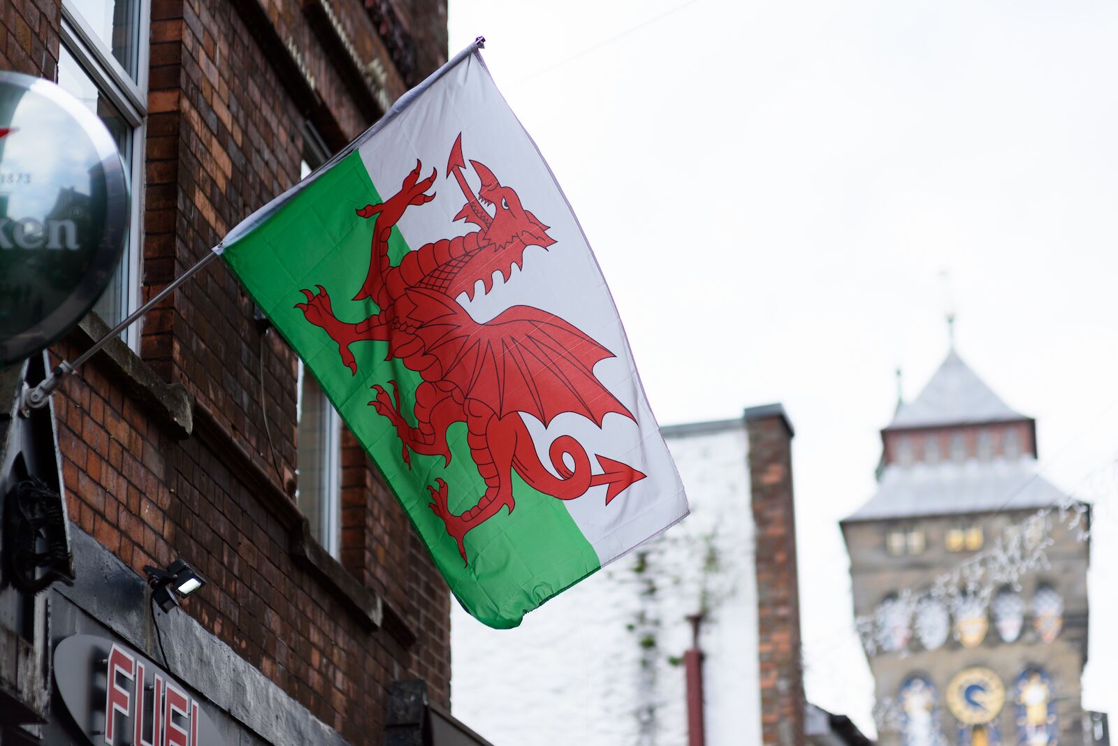 Celtic flags: Wales. The Welsh flag is white and green with a large red dragon in its center