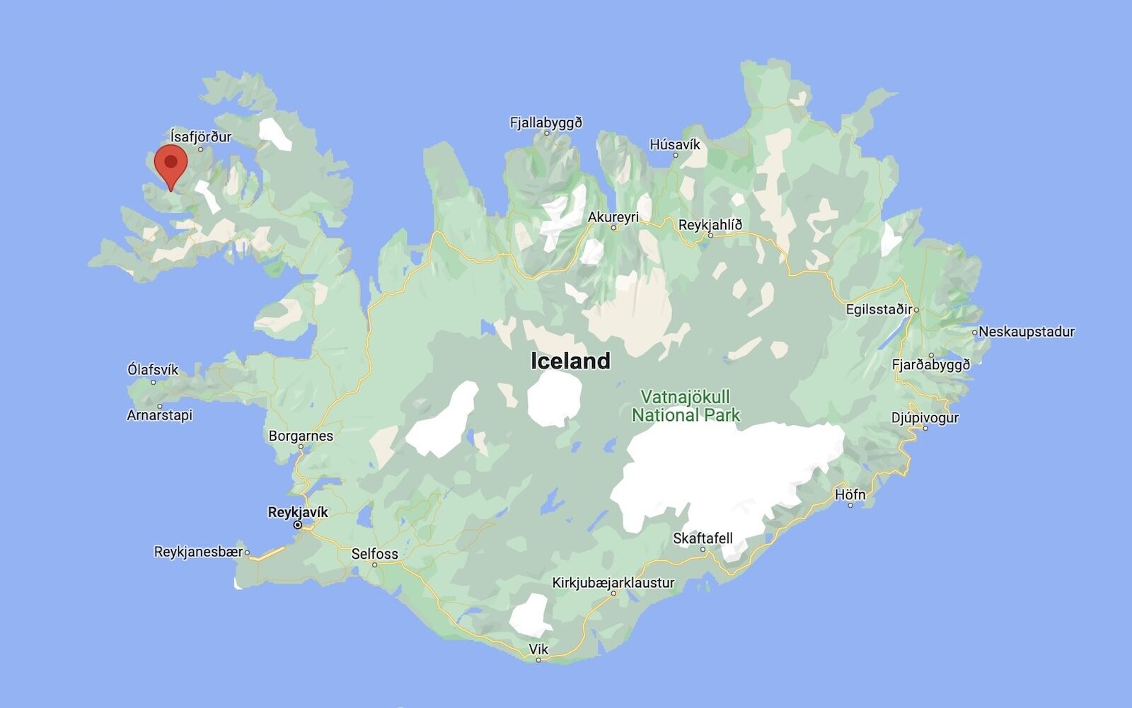 map of Iceland showing the village of Thingeyri where a music festival will take place in April 2022