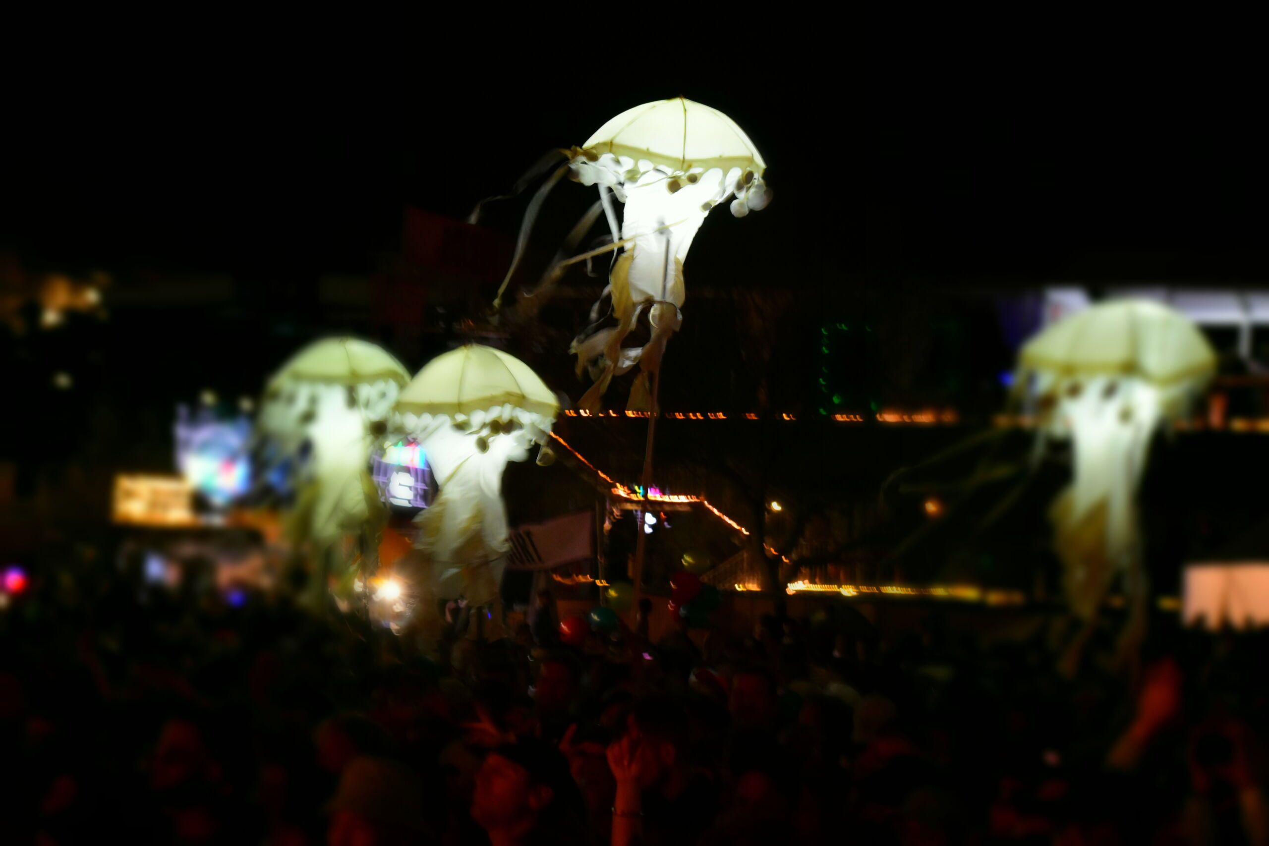 Light installations in the shape of jellyfish at the M3F music festival in Phoenix, Arizona