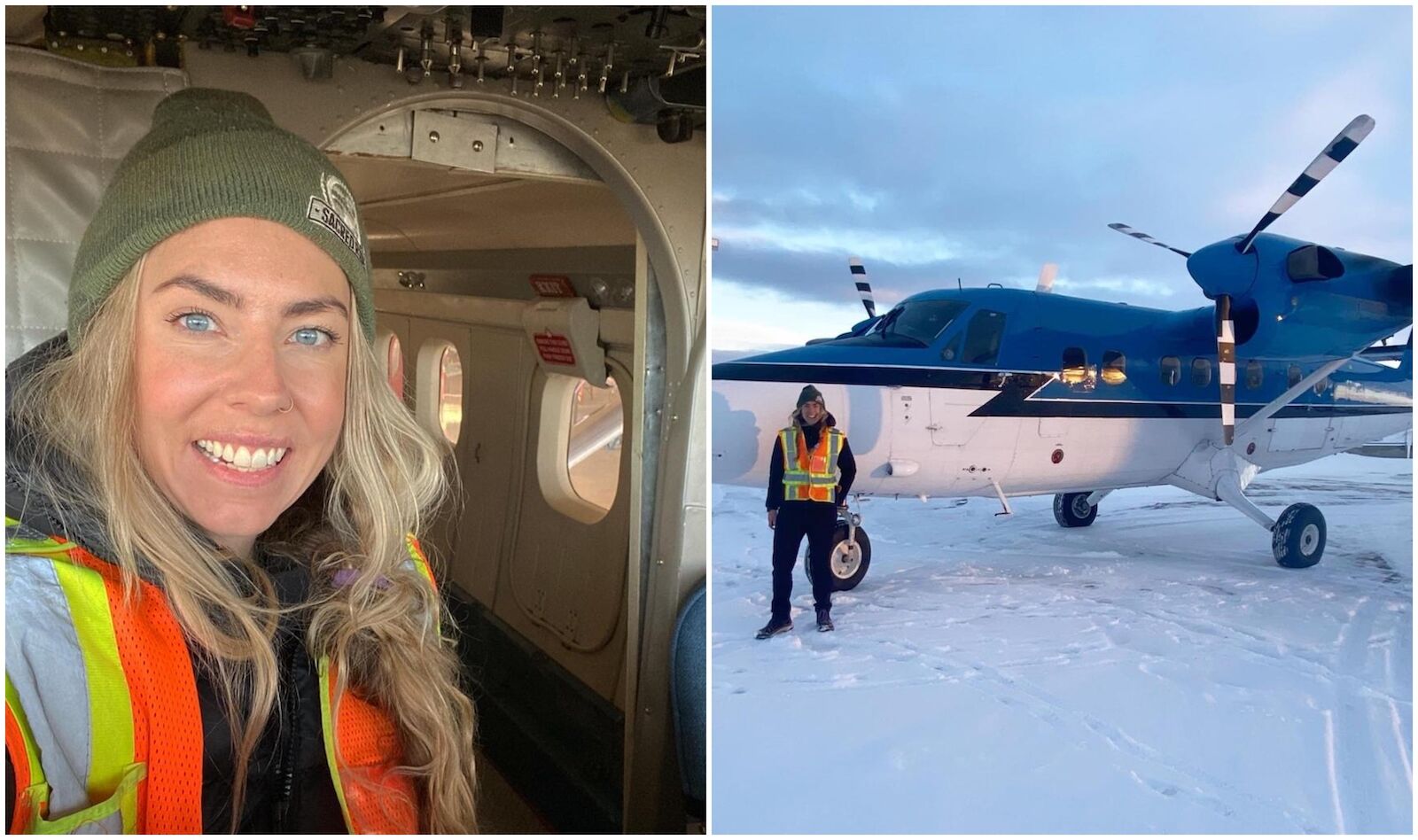 Jenny Petersen, a bush pilot in the Arctic, poses for a photo inside and outside the airplane she flies in Northern Canada