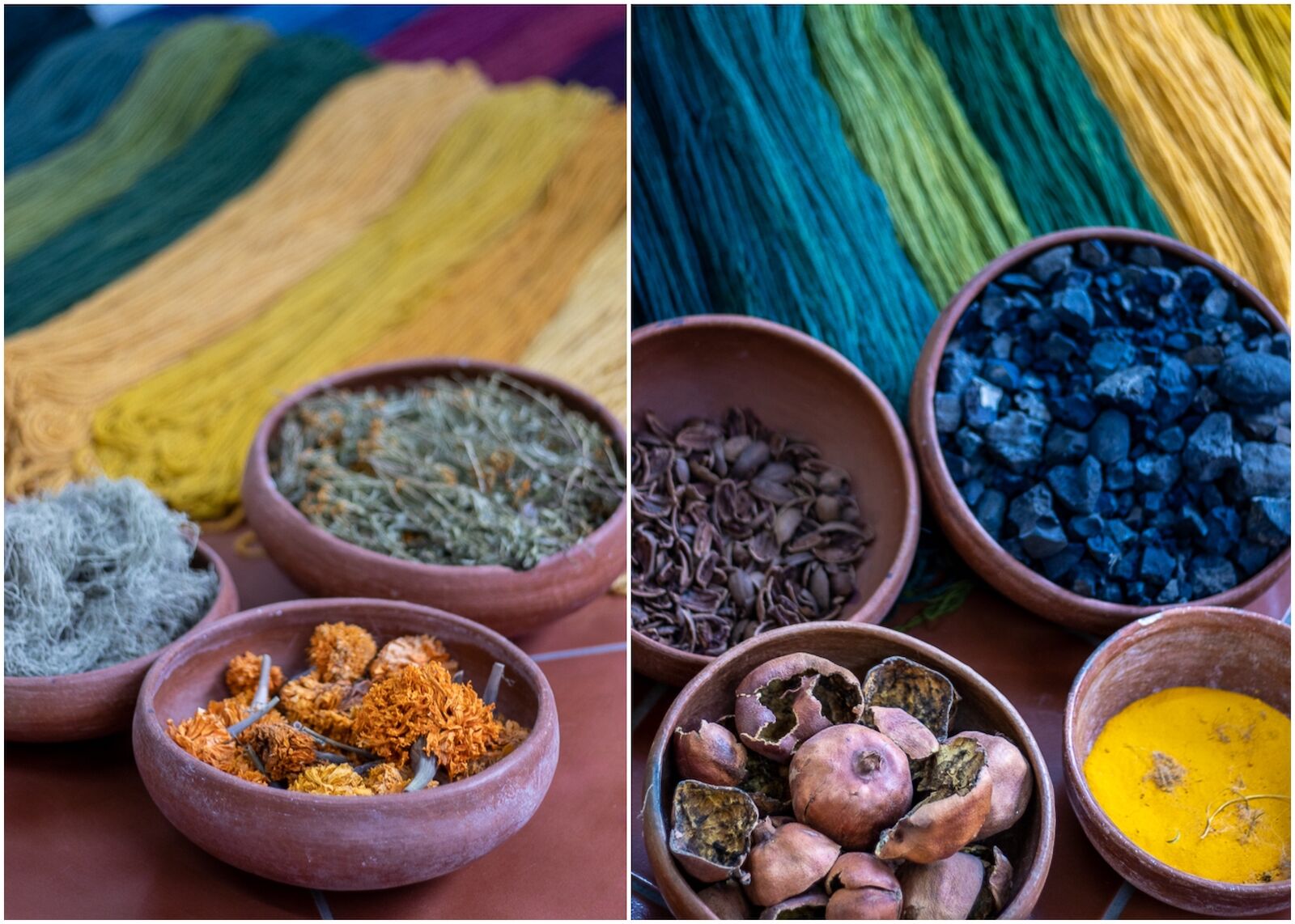 Natural ingredients used for dyes fibers for Zapotec rugs include pomegranate husks and marigold flowers