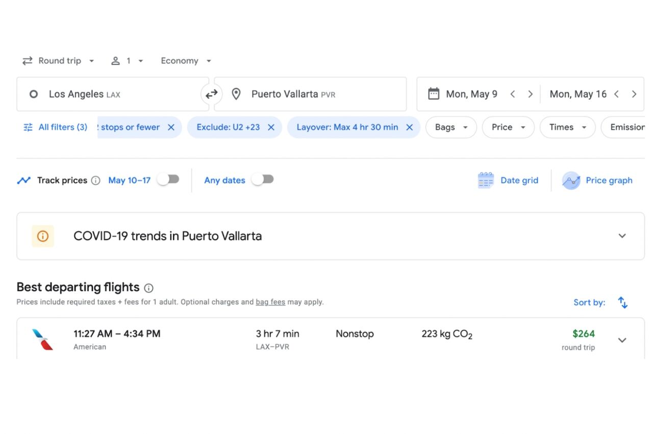 Screenshot from Google Flights flight finder 