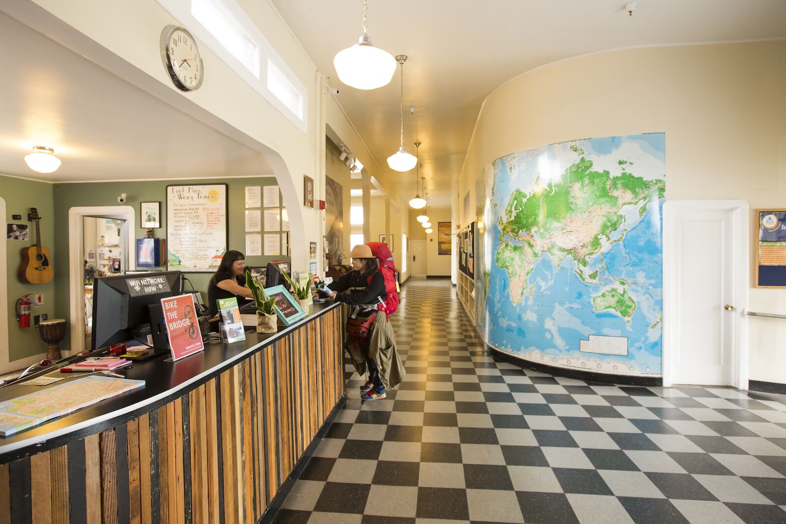 Lobby of the hostel Fisherman's Wharf in San Francisco. One of many repurposed buildings turned into hostels.