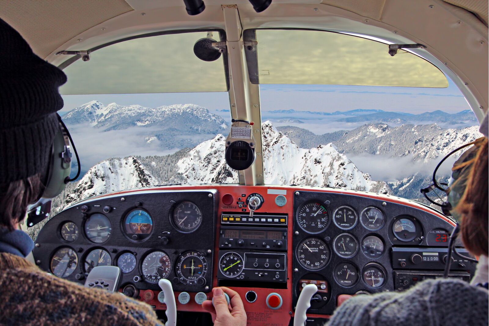 View during flying lessons of mountains from cockpit
