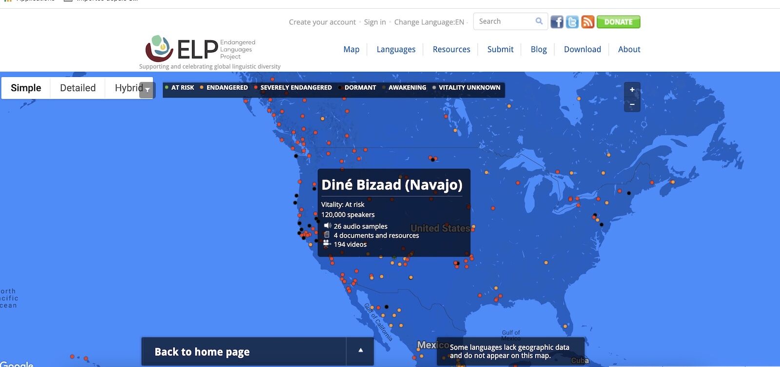 map of endangered languages by the  Endangered Language Project