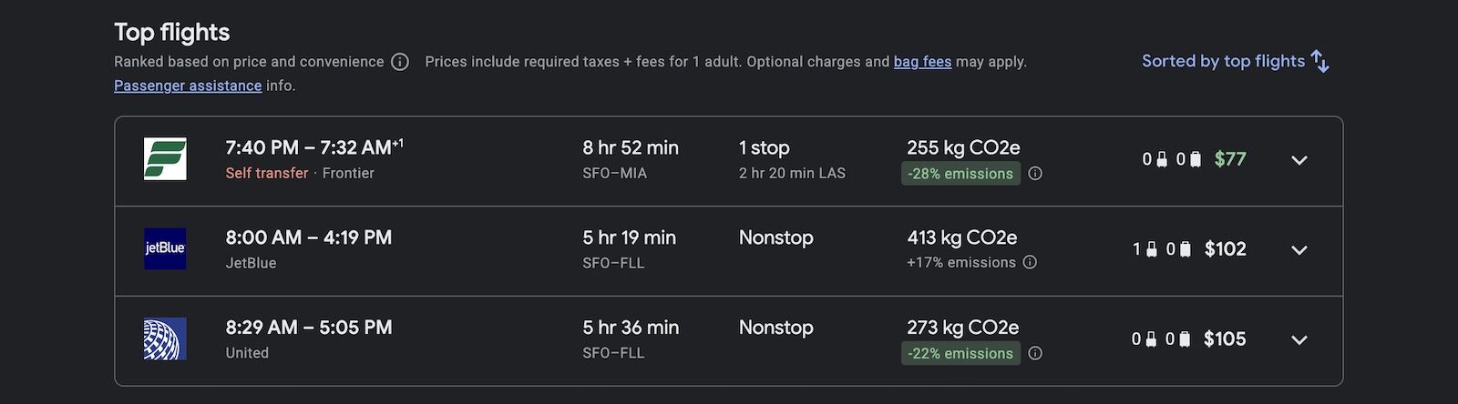 screenshot of Google Flights info