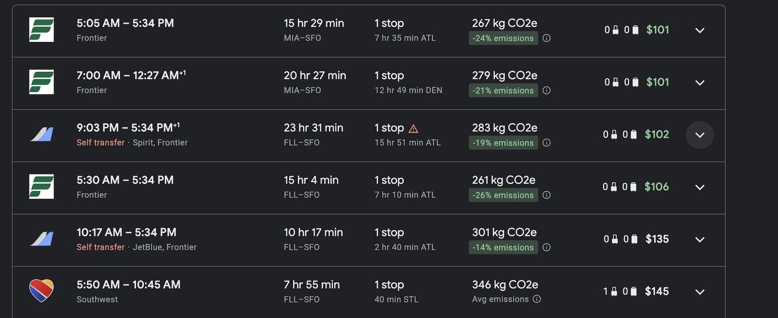 screenshot of google flights display