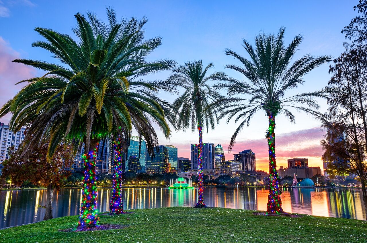 Sunset in Orlando Florida with palm trees and the skyline in the background