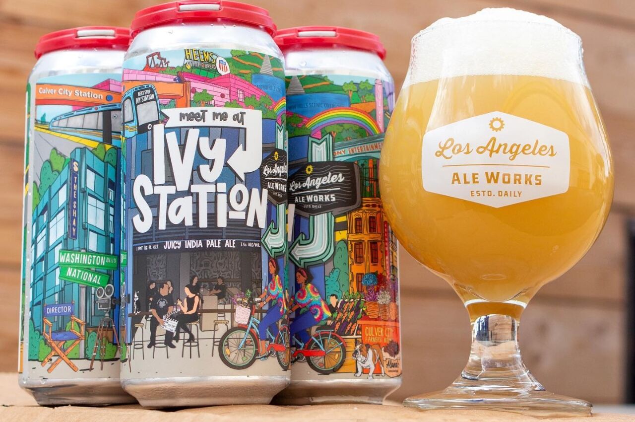 Cans of Ivy Station and glass of beer from LA Ale Works a luxury amenity at The Shay hotel