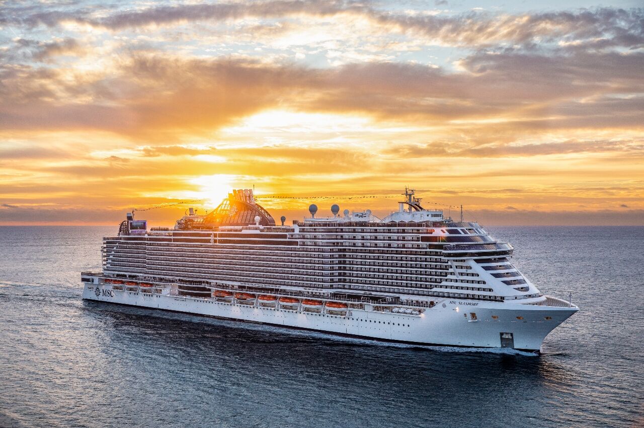 MSC Seashore cruise ship at sunset