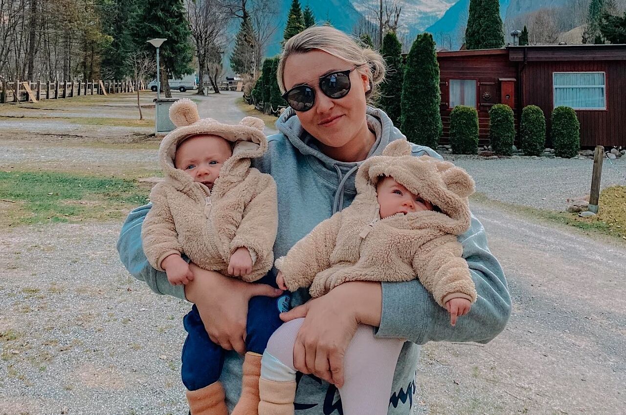 Blond woman and her two babies