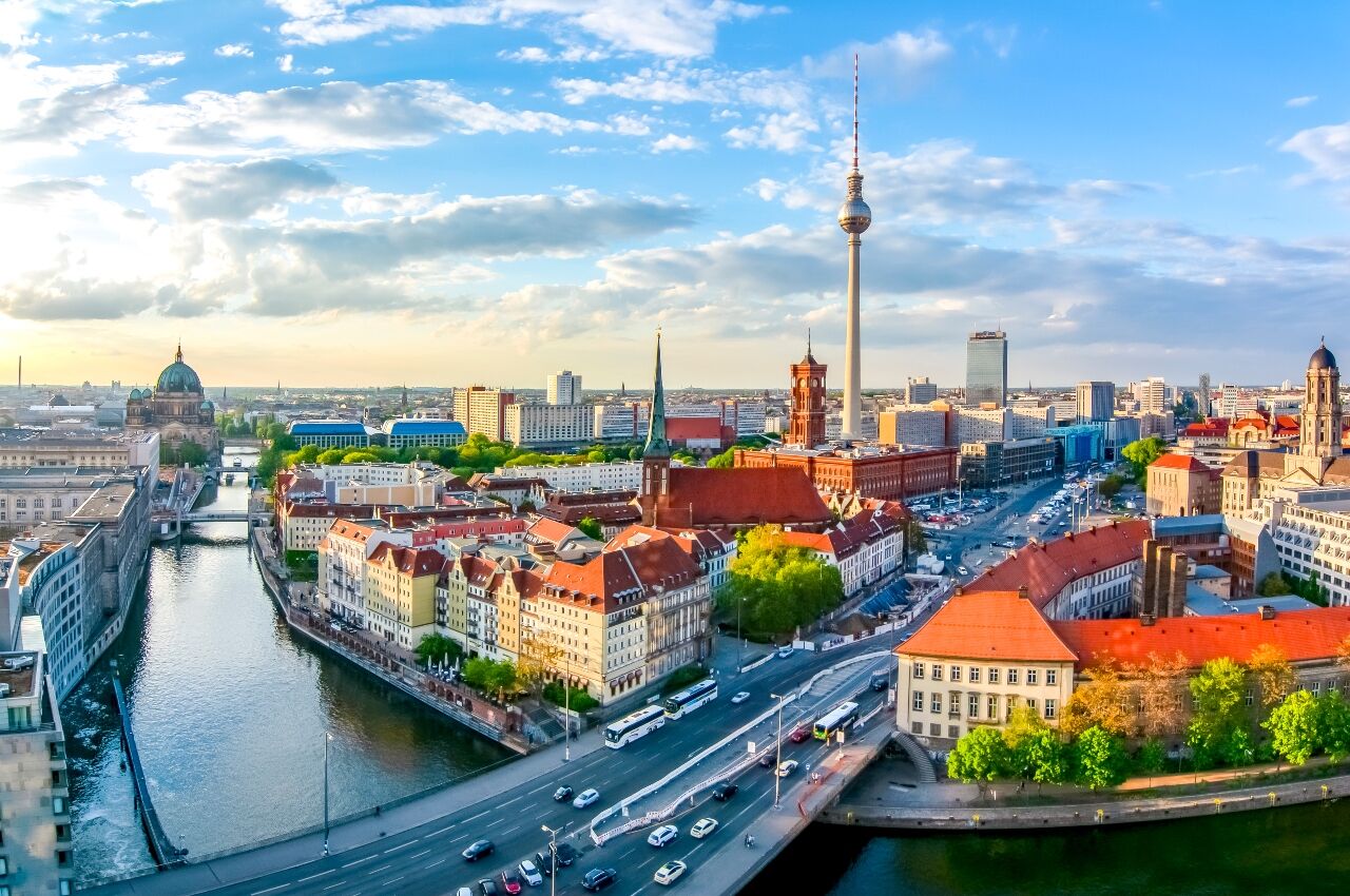 Berlin cityscape with Berlin cathedral and Television tower, Germany one of the happiest countries in the world