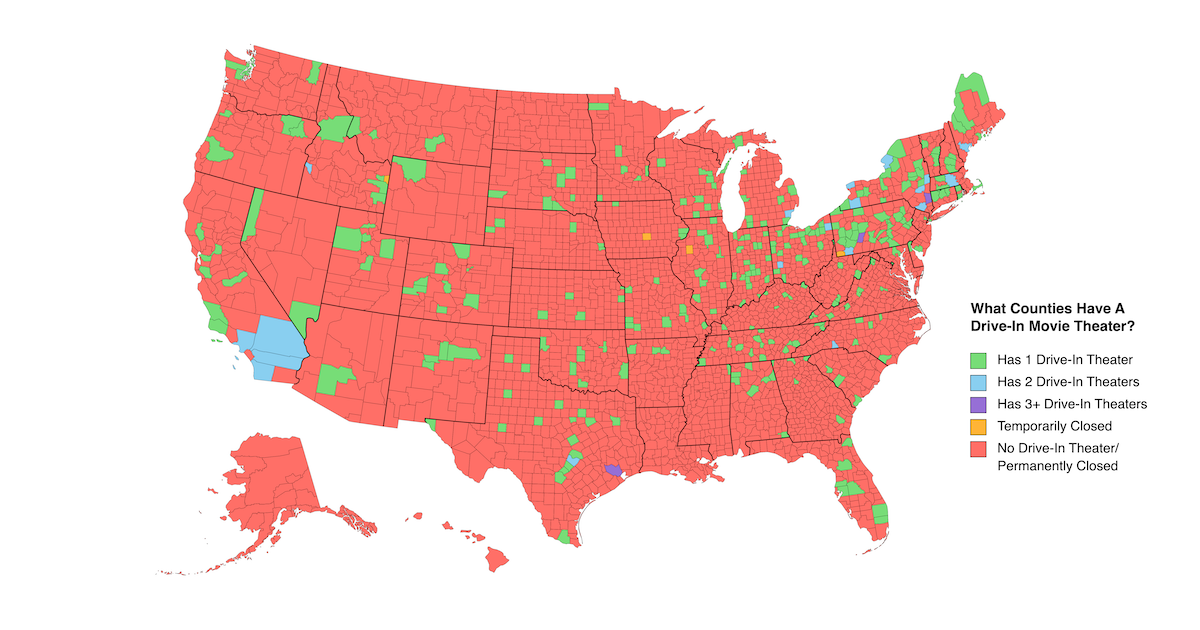 This Map Shows Every DriveIn Movie Theater in Each US County