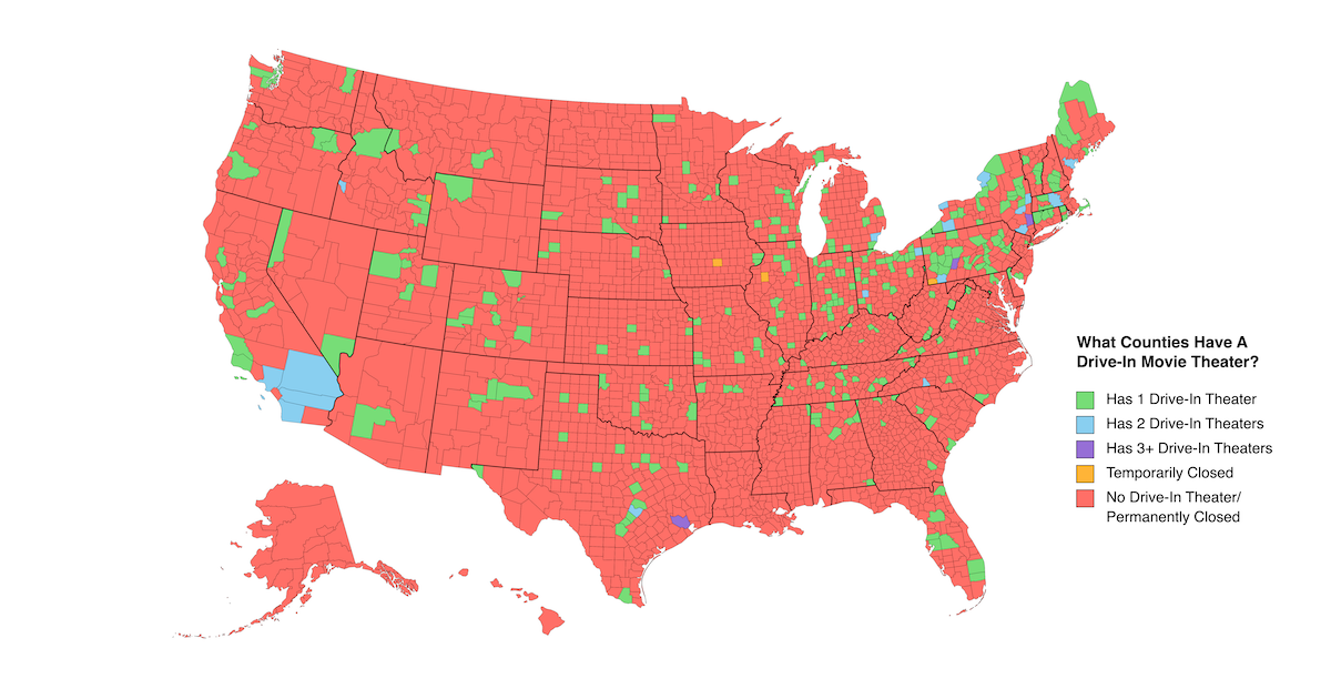 This Map Shows Every Drive In Movie Theater In Each US County