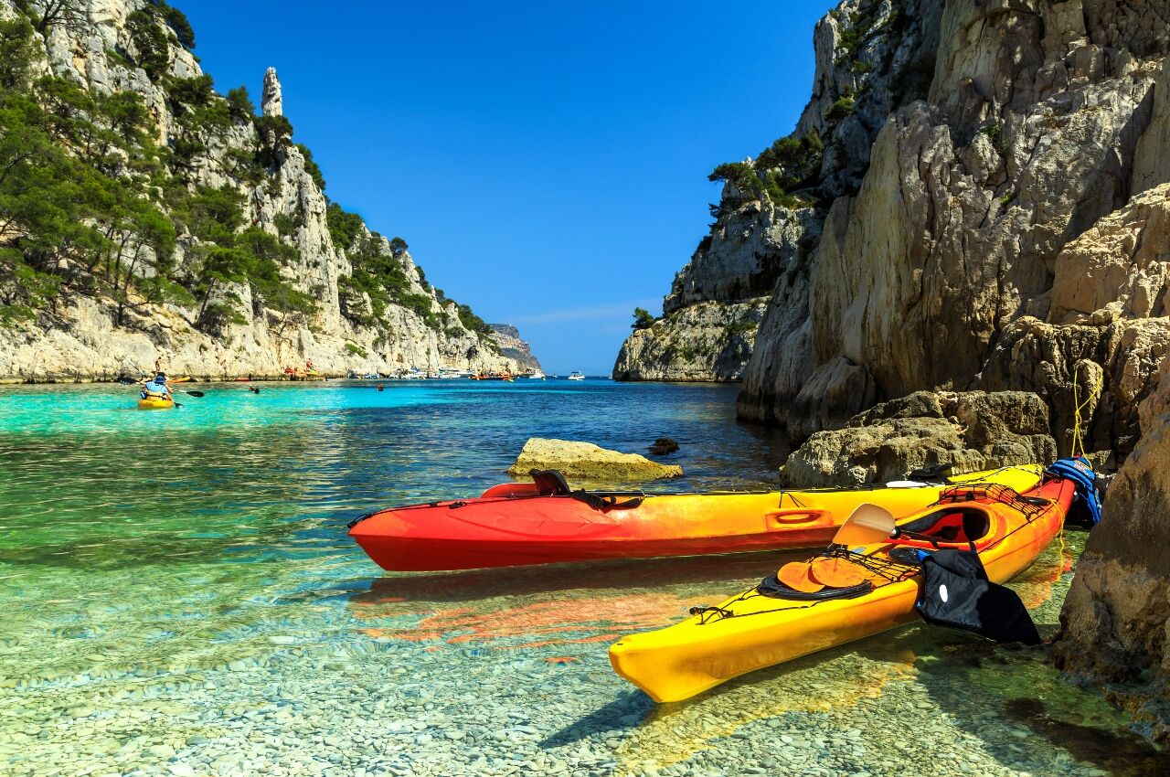 Colorful kayaks in the famous French fjords,Calanques national park near Marseille one of the best french city to visit