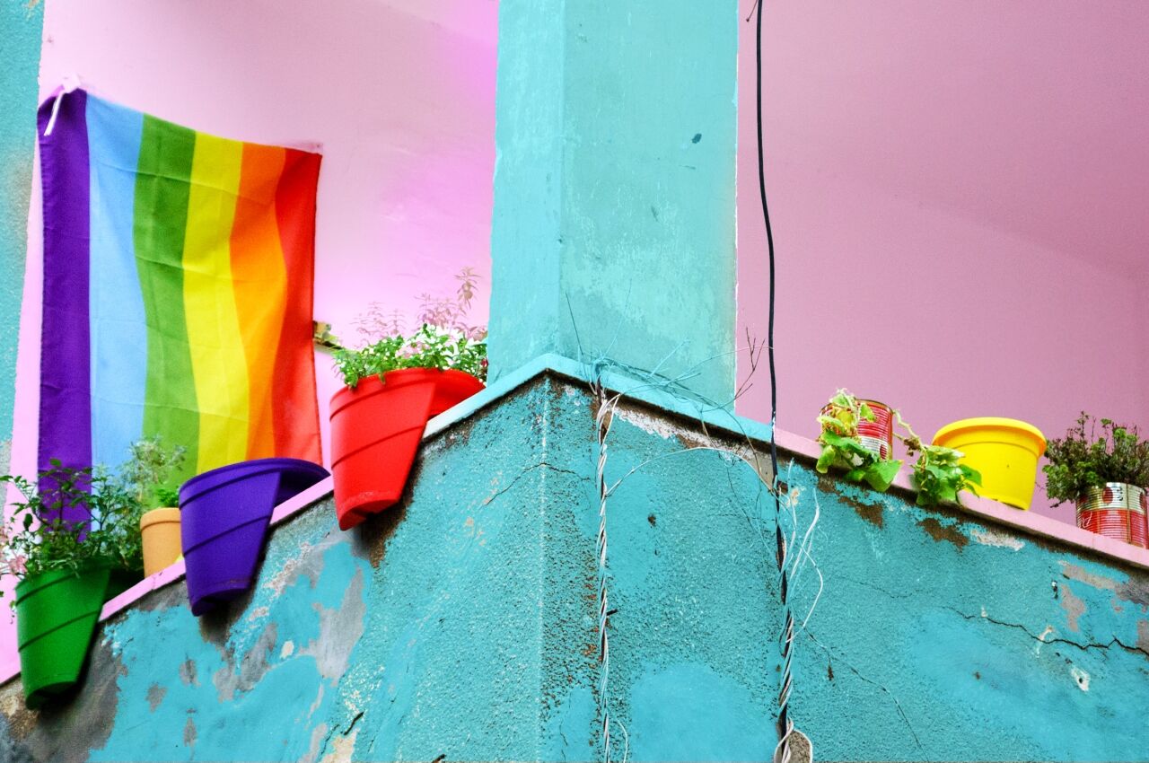 Colorful balcony with LGBTQ flag in gay Tel Aviv