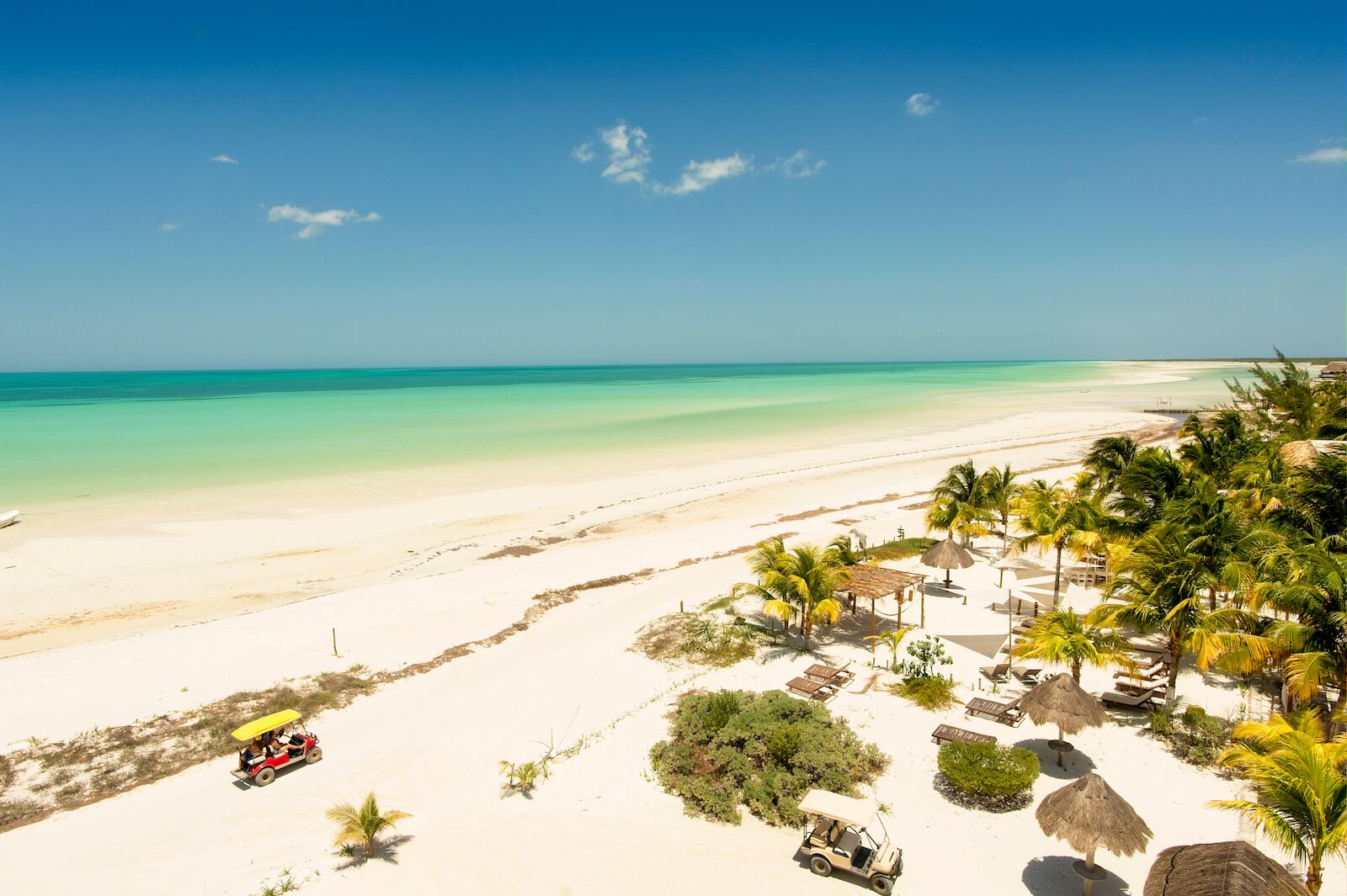 Panoramic view of the beach Caribbean Sea view in Holbox island Mexico. Low tide creates islands of sand in the middle of the turquoise sea