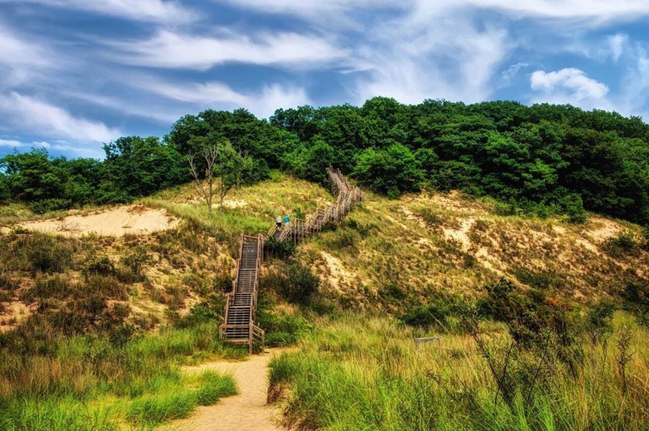 Stairs on sand dunes at Sand dunes at Indiana Dunes National Park on Lake Michigan