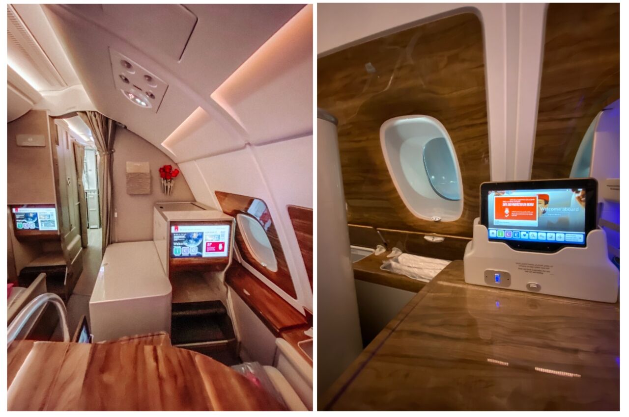 Screes and internal detail Emirates A380 business class