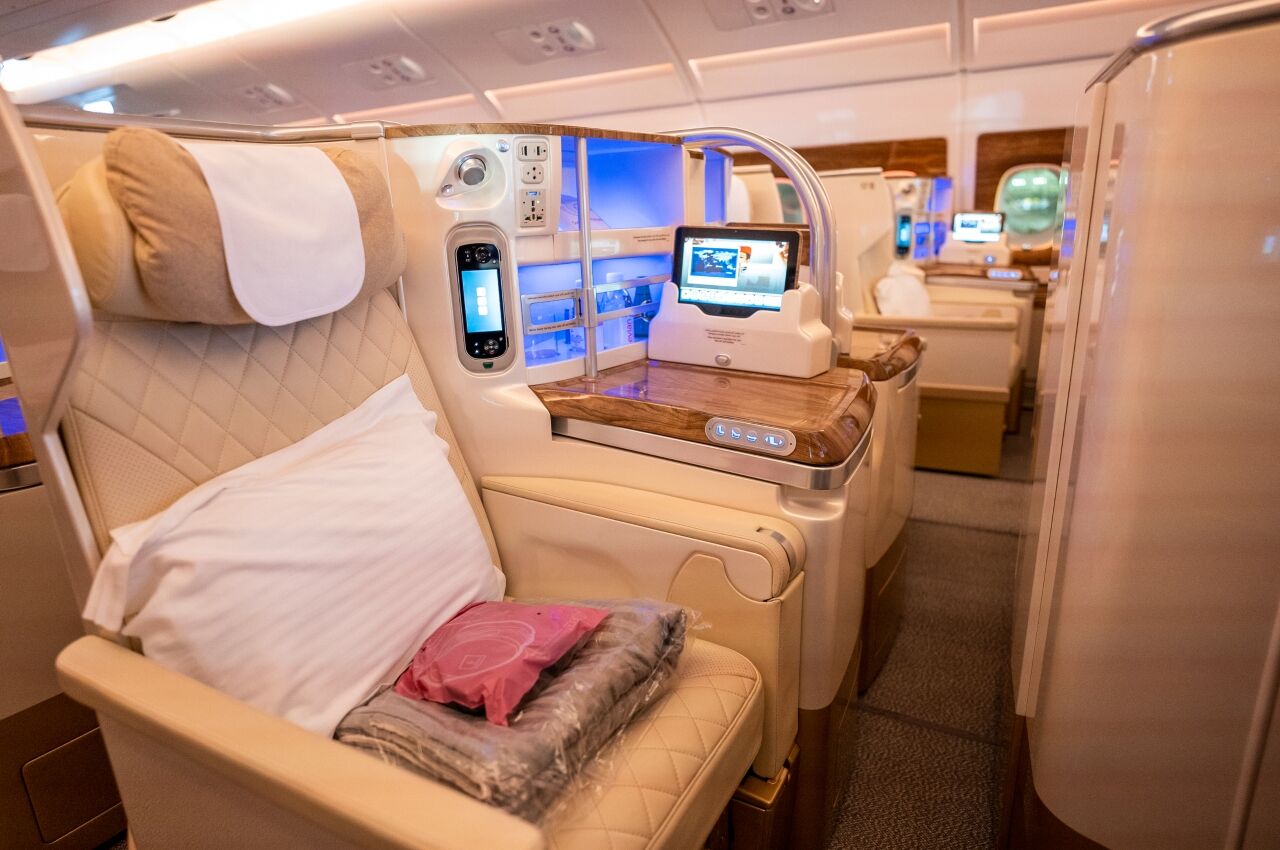 Seats with blankets on Emirates A380 business class