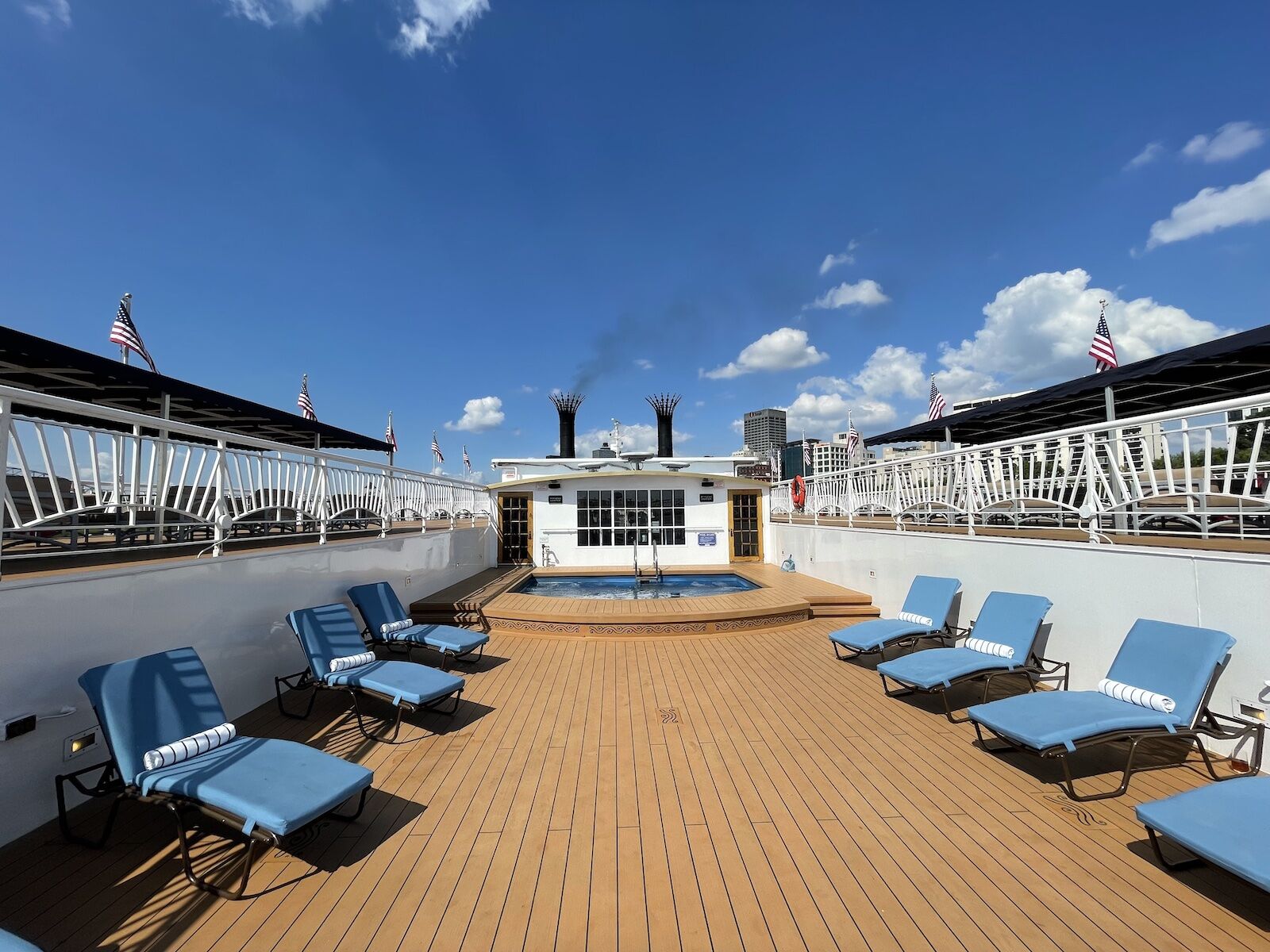 Pool and lounge chairs on the American Queen 