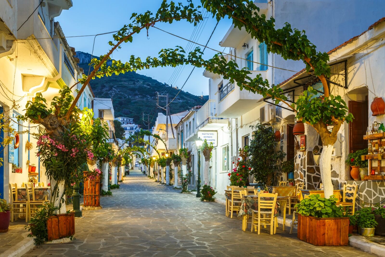 street with shops in Blue Zone in Greece 