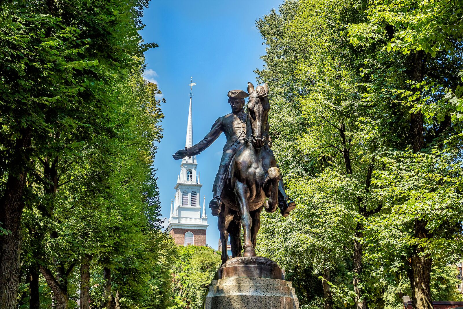Statue of Paul Revere in front of Old North Church in Boston's Little Italy neighborhood
