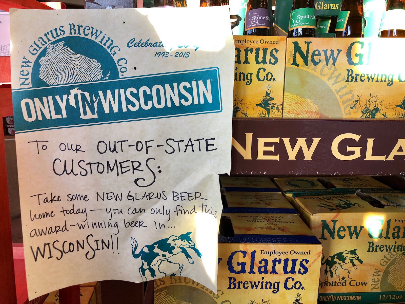 Bayfield, Wisconsin - October 20, 2019: Sign reminds customers that New Glarus beer products, including Spotted Cow, are only sold in Wisconsin