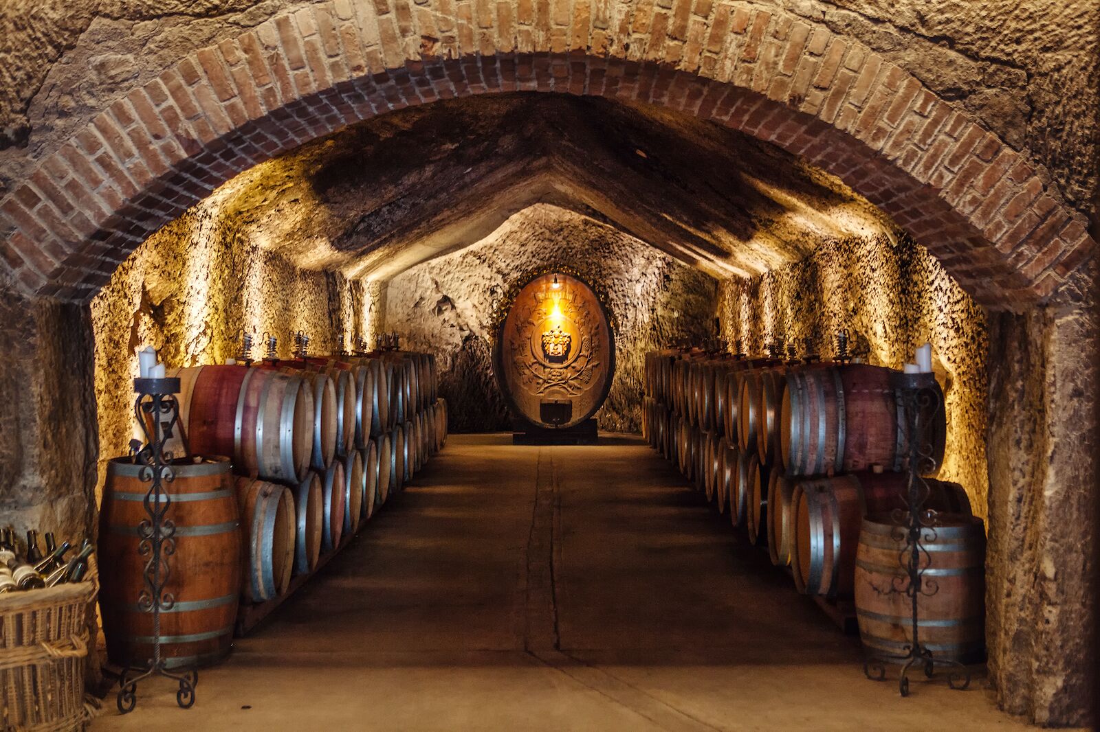 Buena Vista Winery Cave with barrels lined up against the walls, sonoma tasting rooms