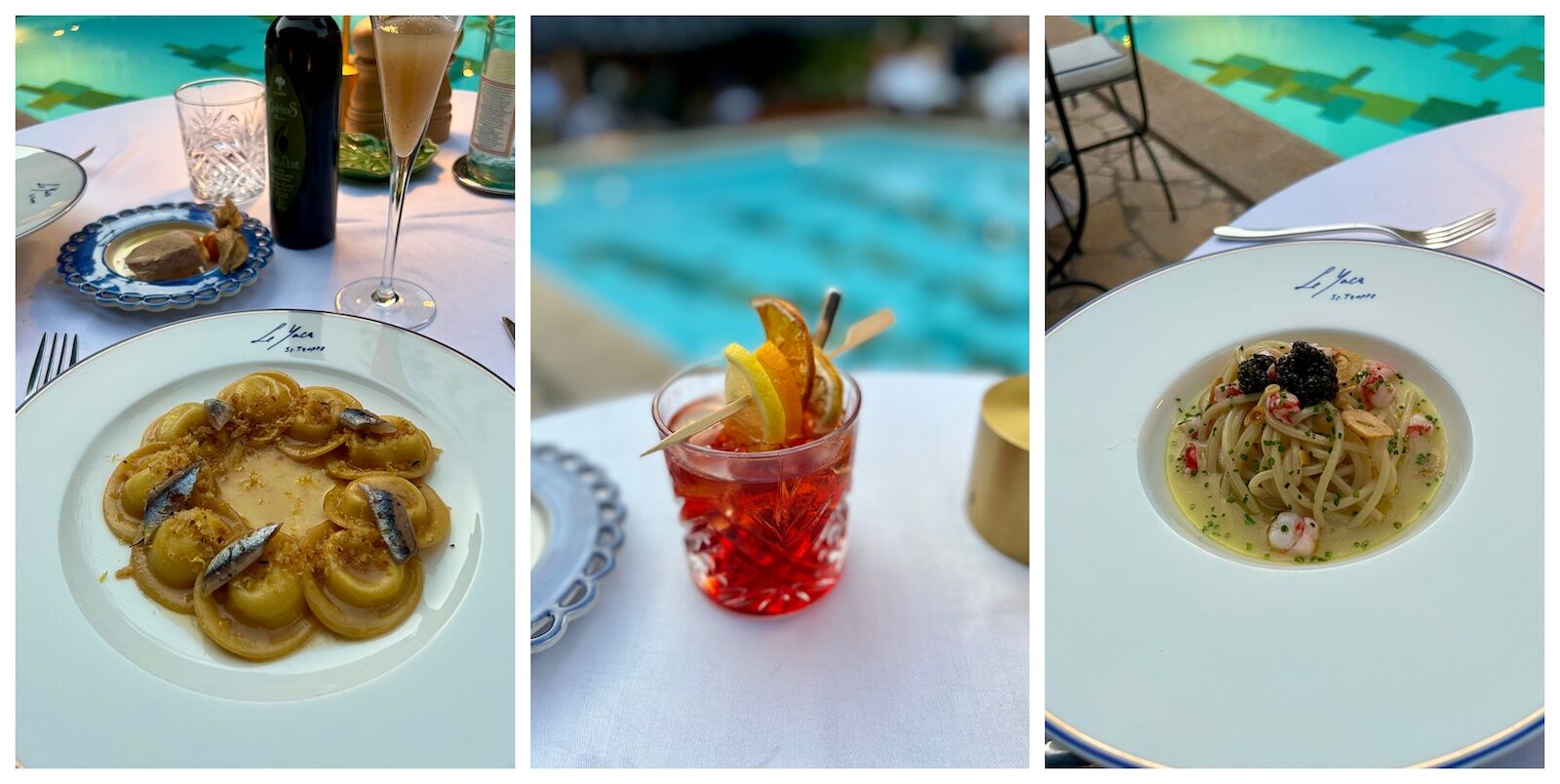 Dishes and drinks served at the St. Tropez restaurant Le Yaca