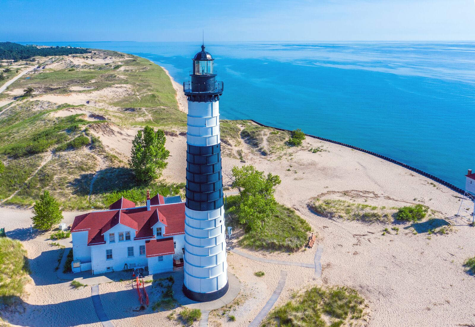 Aerial view of Big Sable Point Lighthouse, one of the few Michigan lighthouses you can spend the night at