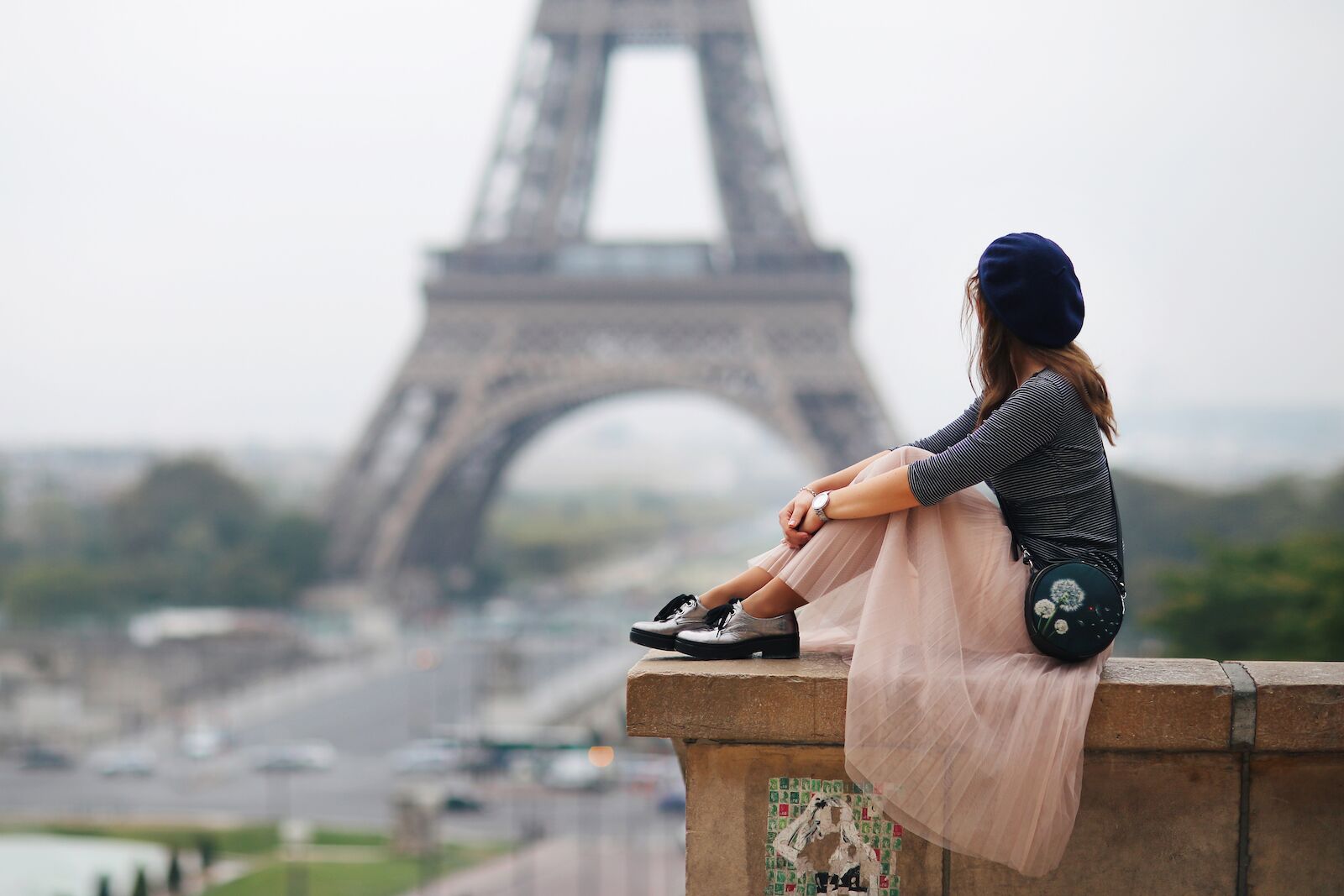 Beautiful elegant girl in Paris, a beauty in a blue beret on the background of the Eiffel Tower