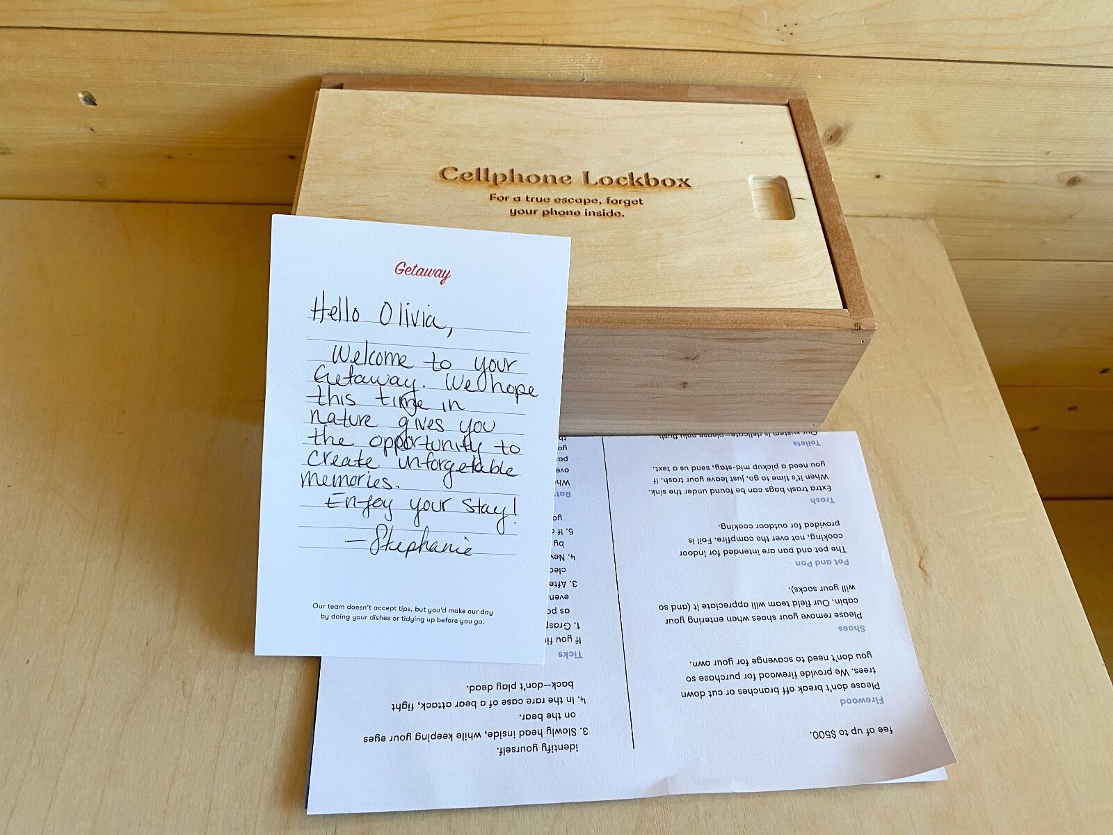 Getaway House, cellphone lockbox with welcome letter