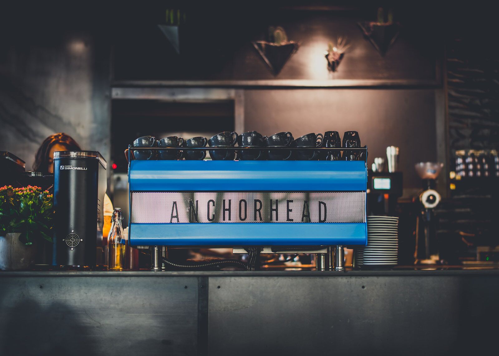 blue espresso machine at fulcrum coffee - seattle coffee shops