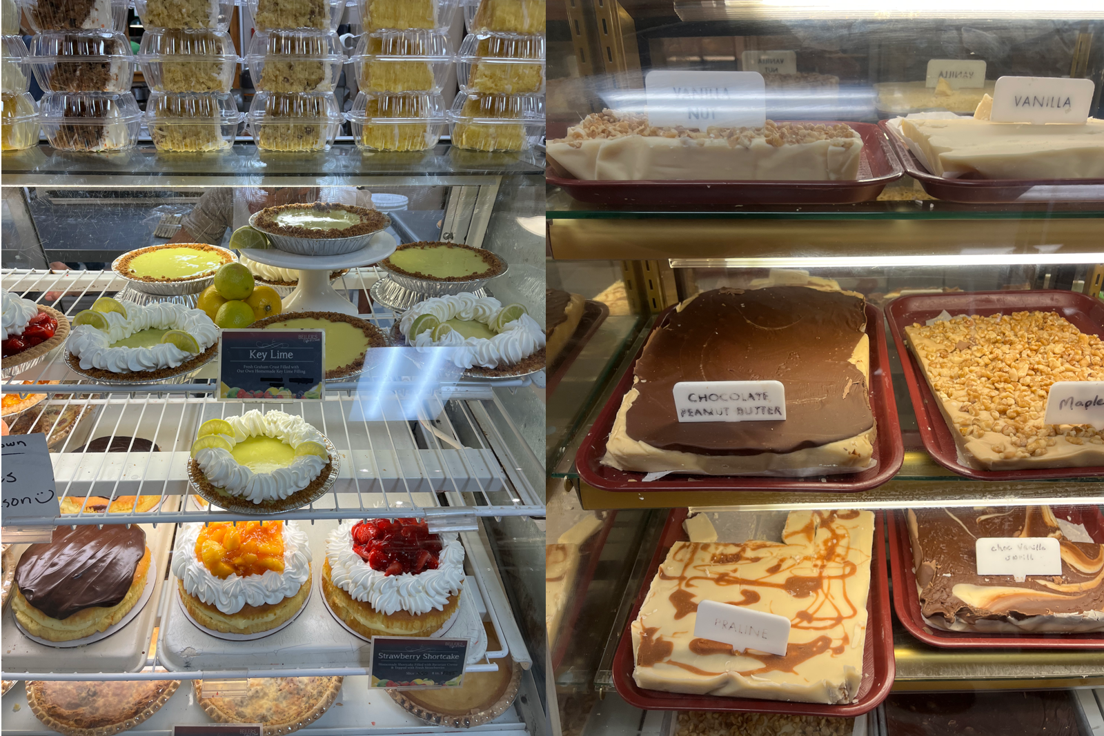 Pies and fudge on display at beilers bakery in the annapolis amish market 