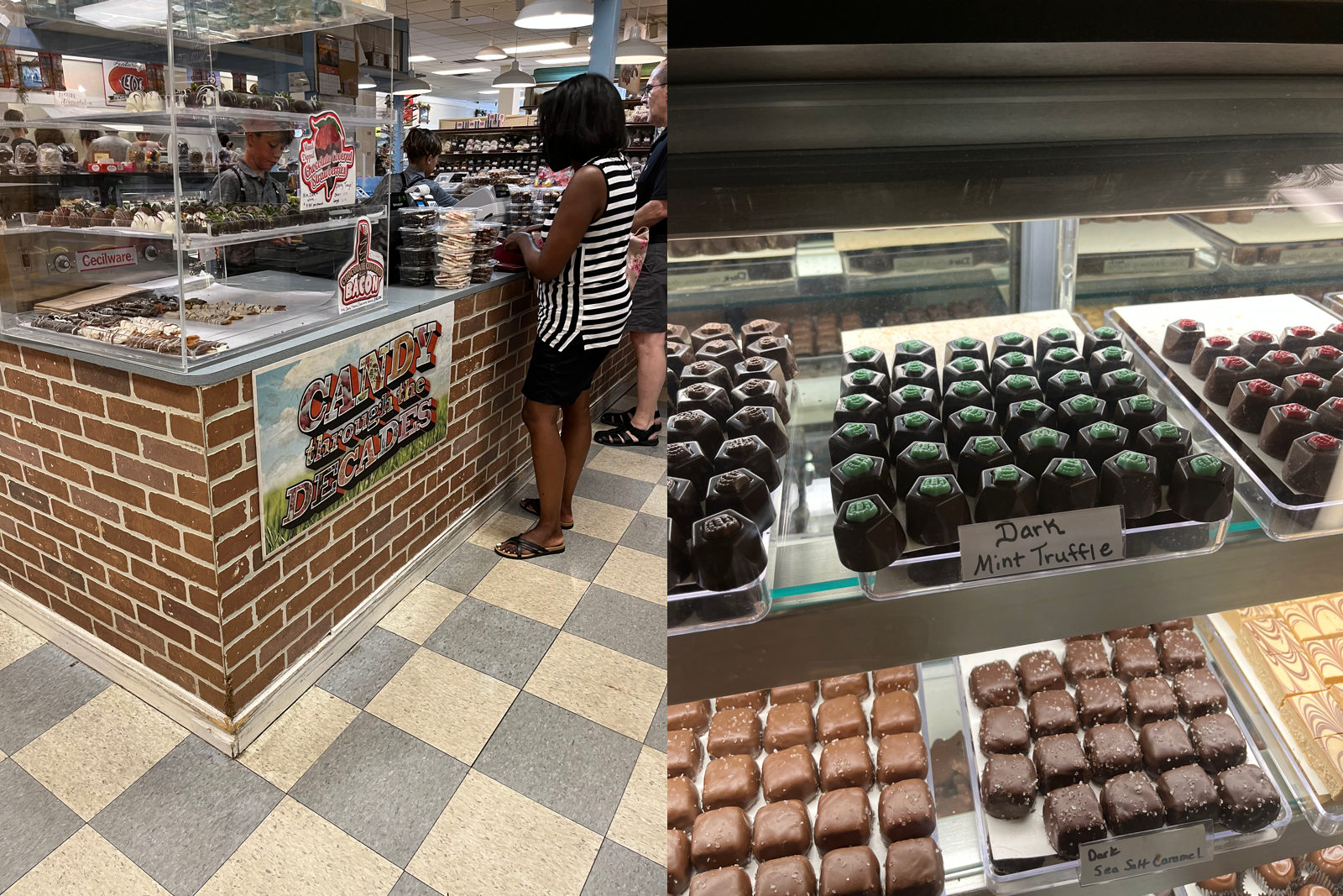 candy through the ages check out counter with people waiting in line and display of truffles and other small chocolates at annapolis amish market